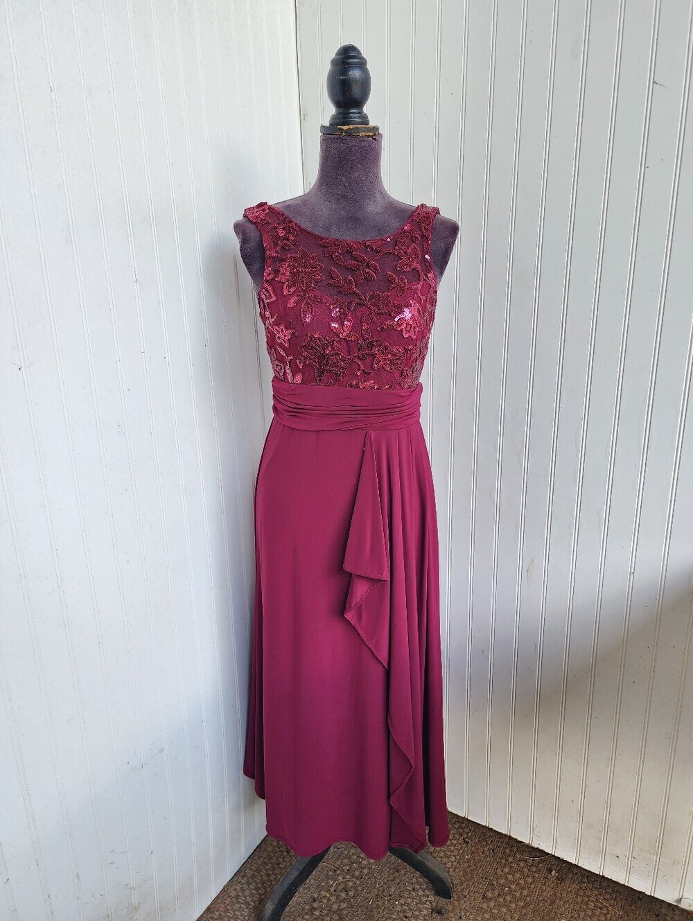 Nightway Womens Burgundy Midi Evening Gown Stretch Lace Top Ruffle Sz 6P